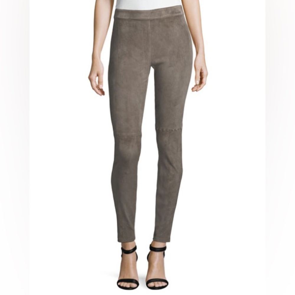 Elie Tahari Roxanna Skinny 100% Lambskin Suede Pants (Taupe)